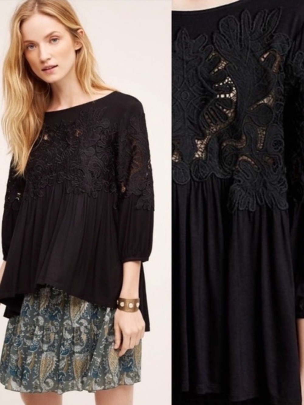 Anthropologie Deletta Black Babydoll Cutout Lace Jersey Knit Relaxed Fit Blouse